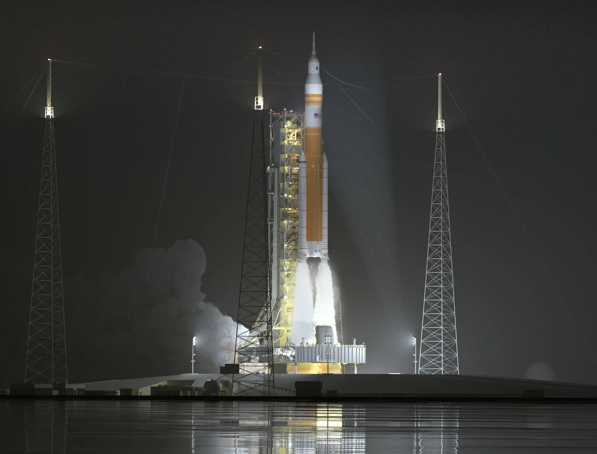 航天图片资料 · Artist's concept of the Block 1B crew configuration of NASA’s Space Launch System (SLS) rocket during lift off for a night launch.