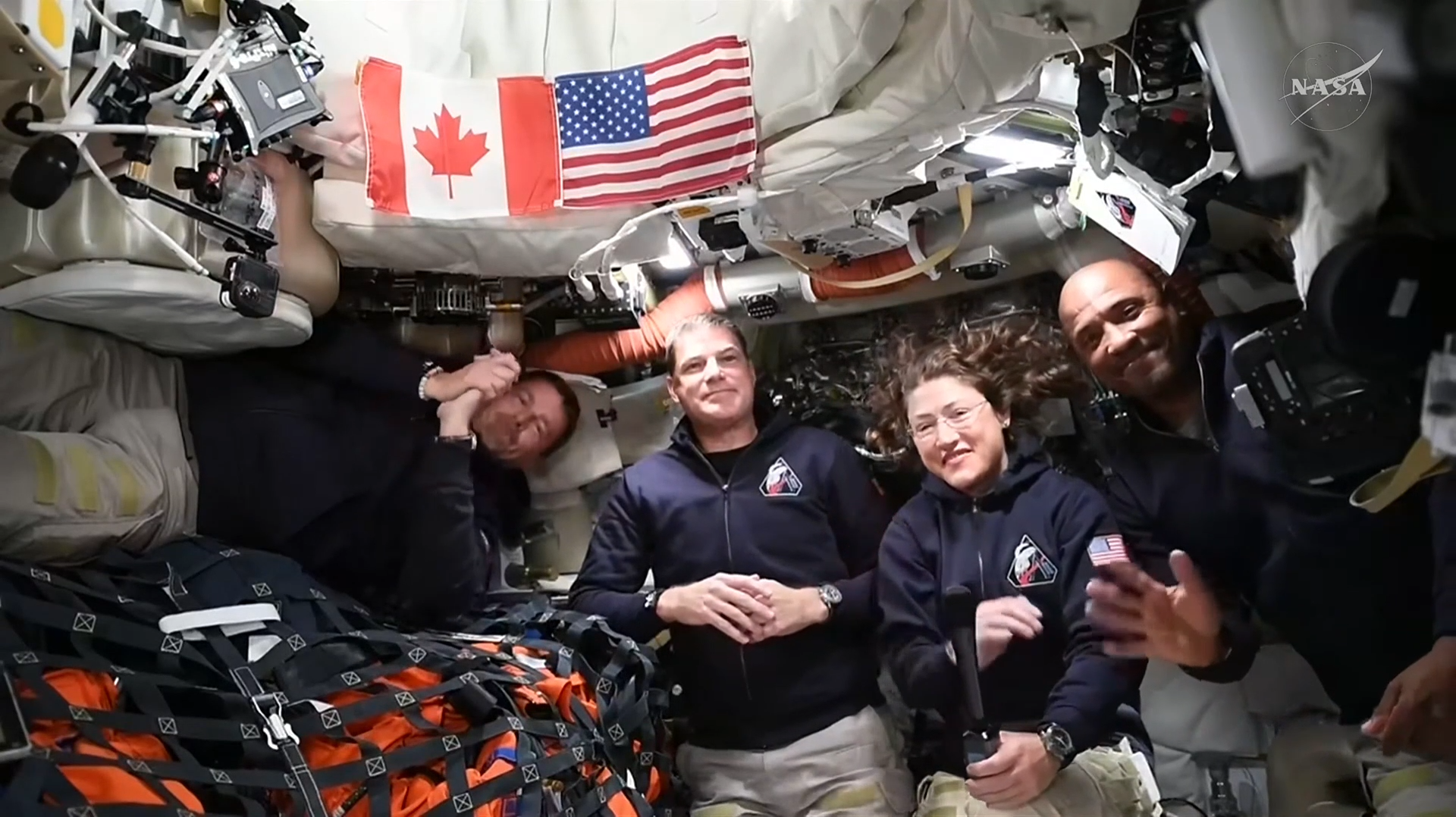 航天图片资料 · The Artemis II crew - NASA Astronaut Reid Wiseman Wiseman (far left), CSA (Canadian Space Agency) Astronaut Jeremy Hansen (center left) and NASA astronauts Christina Koch (center right) and Victor Glover (right) participated in a live media event in the Orion spacecraft during Flight Day 4.