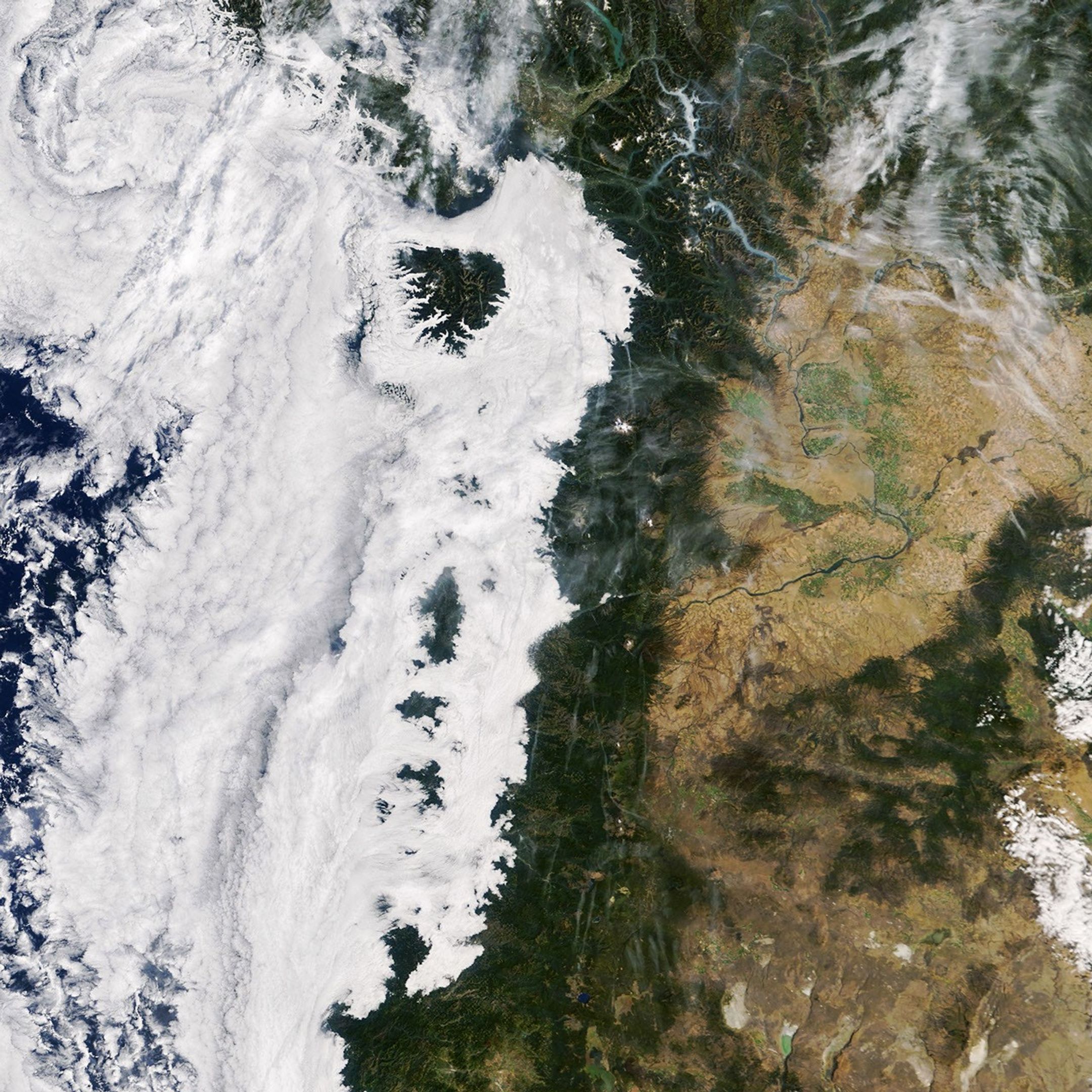 航天图片资料 · Low-lying clouds cover western Washington and Oregon between the Pacific coast and the foothills of the Cascade Range. Parts of the Olympic Mountains and Oregon Coast Range are visible above the clouds.