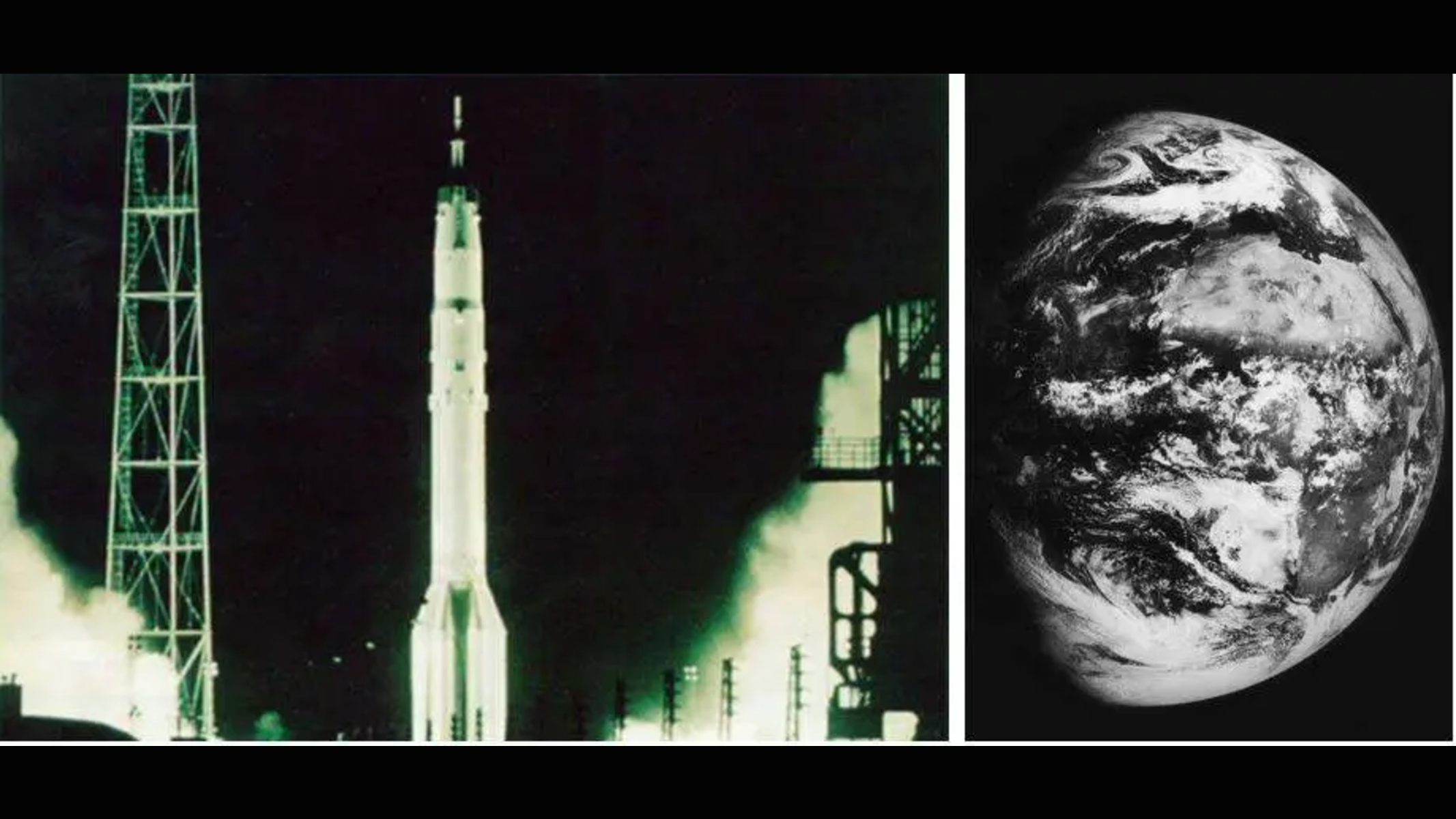 航天图片资料 · At left: The Soviet Union's Zond 5 mission launches on the first circumlunar flight on Sept. 15, 1968 from Baikonur, Cosmodrome. At right: A view of the Earth from deep space from Zond 5.