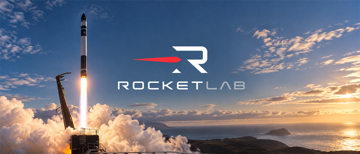 航天图片资料 · Rocket Lab logo beside a rocket launching from a coastal pad amid smoke and clouds at sunset.
