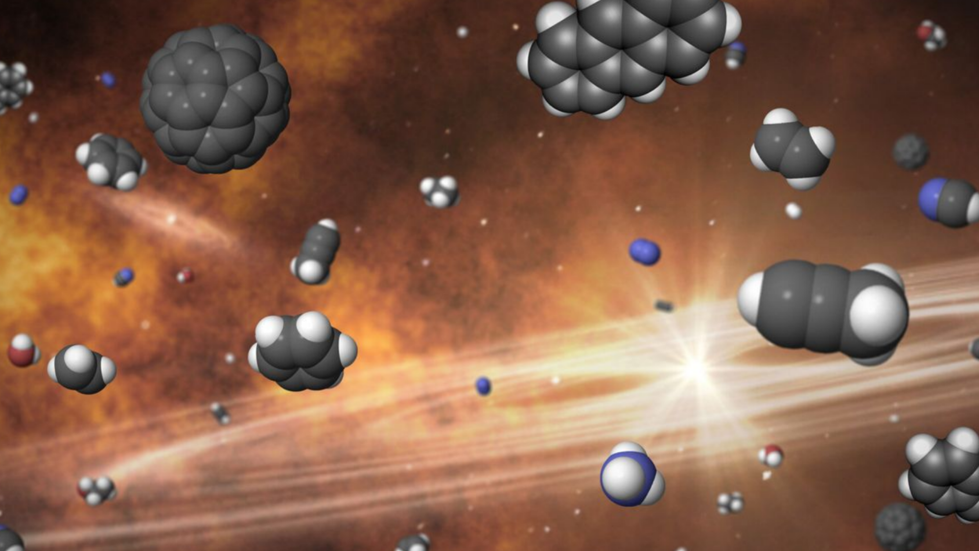 航天图片资料 · A glowing golden disks surrounded by ajoined spheres