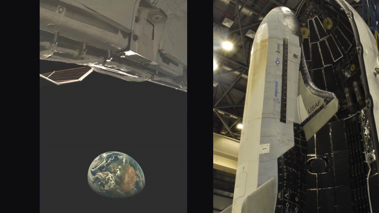 航天图片资料 · earth can be seen in the background, as the inside of a hollow metal structure dominates the top of the image, with visible bolts and struts
