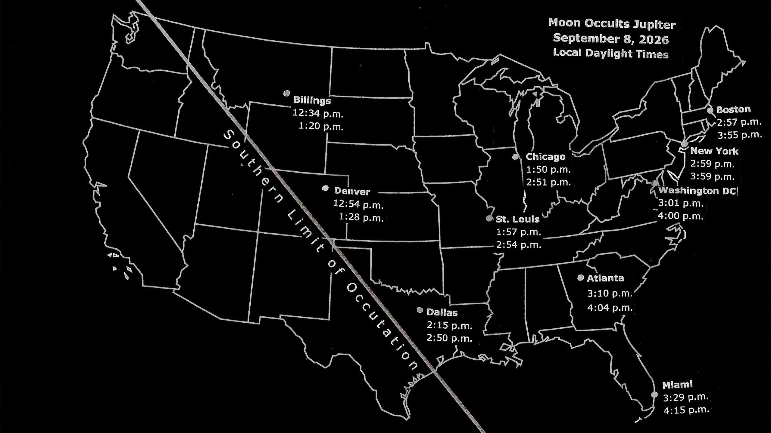 航天图片资料 · map of the US showing where the jupiter occultation is visible from on sept 8.