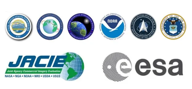 航天图片资料 · A collection of the logos of the CSDA program's federal and international partners. Shown here are the logos for including the Civil Applications Committee, National Geospatial-Intelligence Agency, National Oceanic and Atmospheric Administration, National Reconnaissance Office, U.S. Department of Agriculture, U.S. Geological Survey, United States Space Force, the United States Air Force, the Joint Agency Commercial Imagery Evaluation, and the European Space Agency.