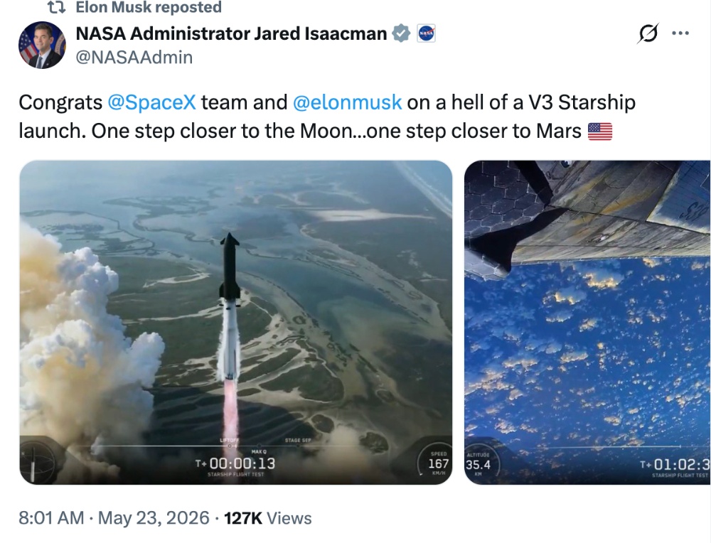 航天图片资料 · 刚刚，马斯克SpaceX发射人类史上最大最强火箭！NASA局长点赞星舰V3