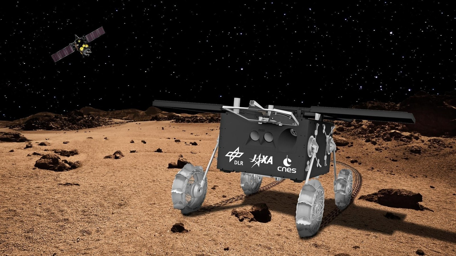 航天图片资料 · a four-wheeled black cartoon rover stands on the surface of a planet hued in light browns. A starry night space scape is seen above with a satellite in the upper left.