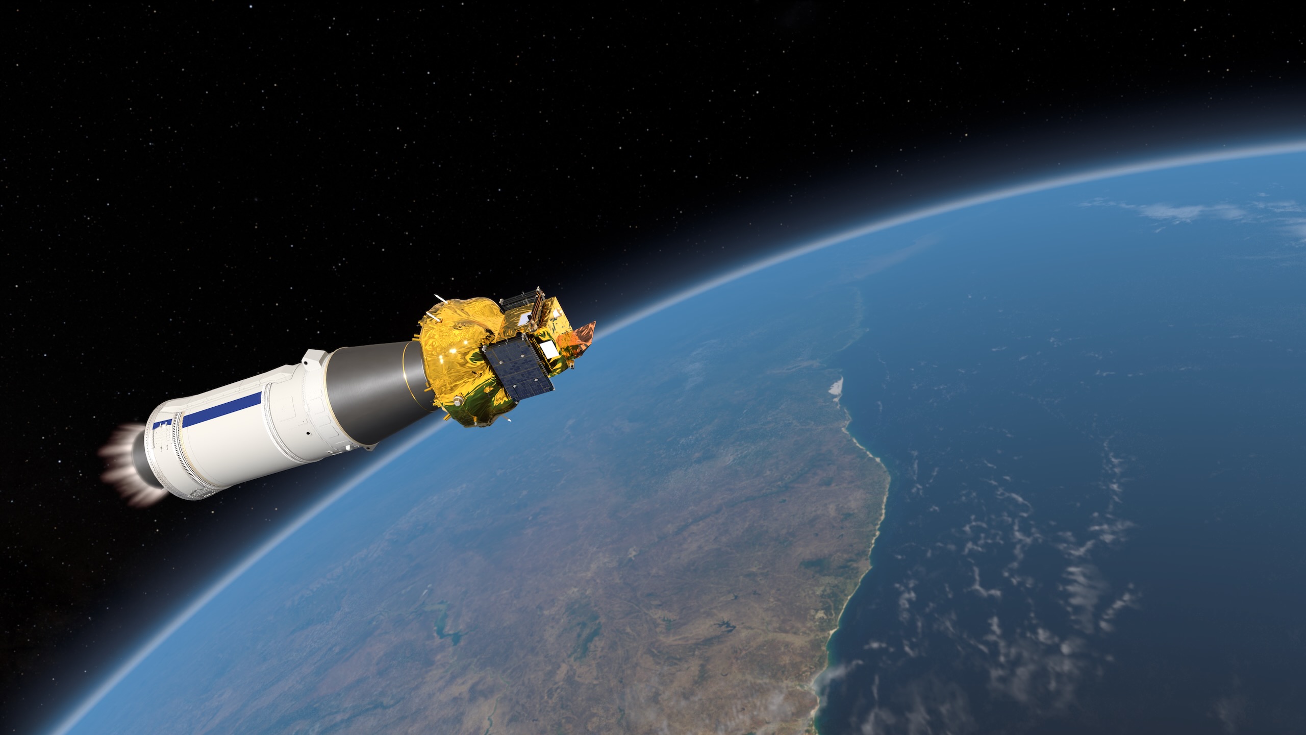 航天图片资料 · Artist's impression showing a shiny, golden spacecraft attached to a white and grey rocket part with earth in the background