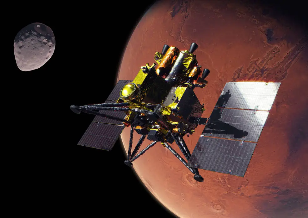 航天图片资料 · Artist view of the MMX spacecraft with Mars background.