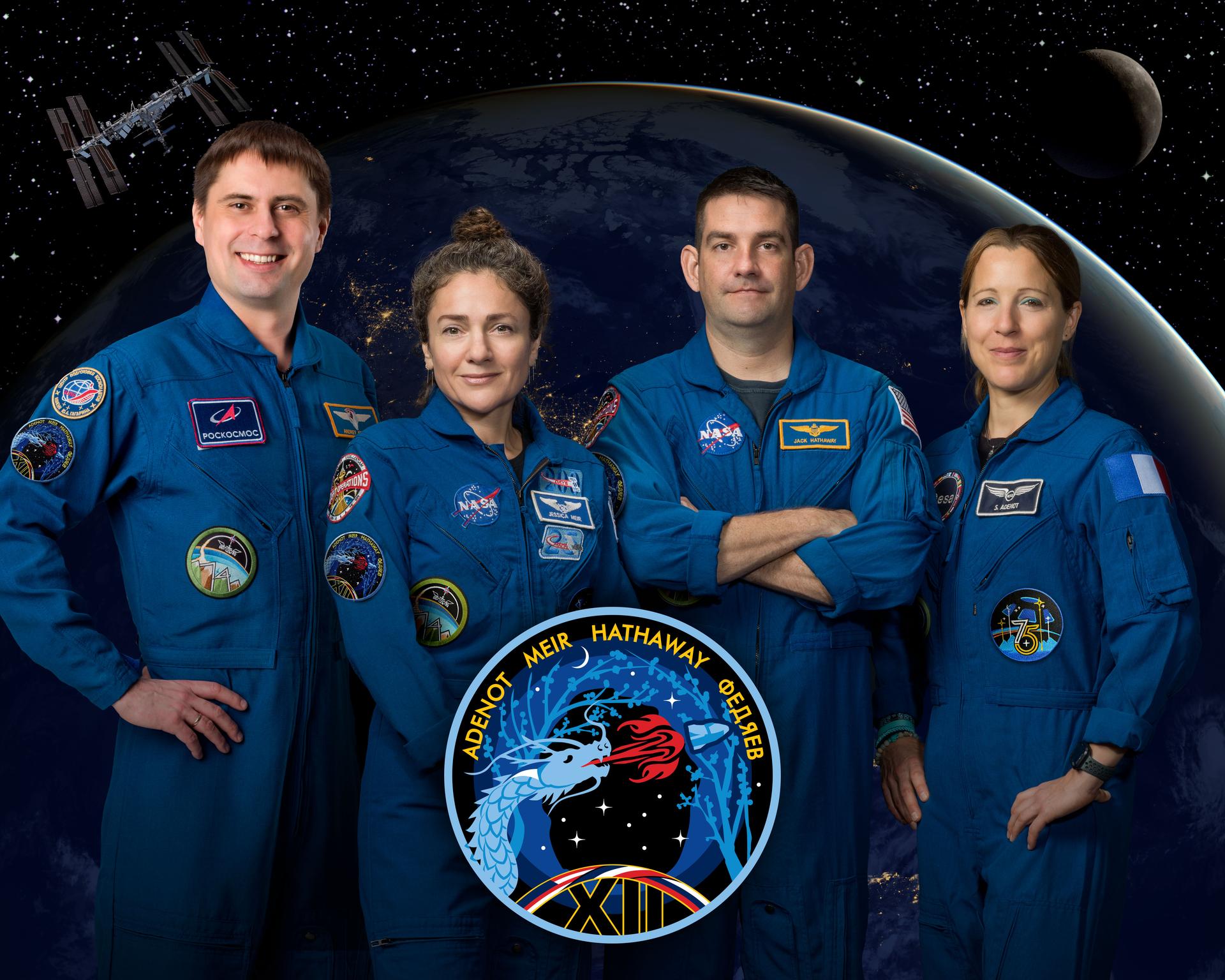 航天图片资料 · The four members of NASA's SpaceX Crew-12 mission to the International Space Station pose together for an official crew portrait. From left are, Roscosmos cosmonaut and Mission Specialist Andrey Fedyaev, NASA astronauts Jessica Meir and Jack Hathaway, Commander and Pilot respectively, and ESA (European Space Agency) astronaut and Mission Specialist Sophie Adenot.