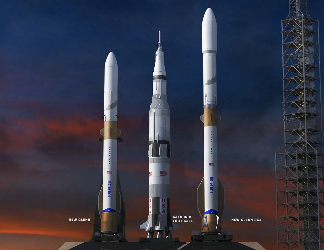 航天图片资料 · An artist rendering of the size comparison of the New Glenn 7x2, the Saturn, and the New Glenn 9x4 rockets. (Blue Origin)