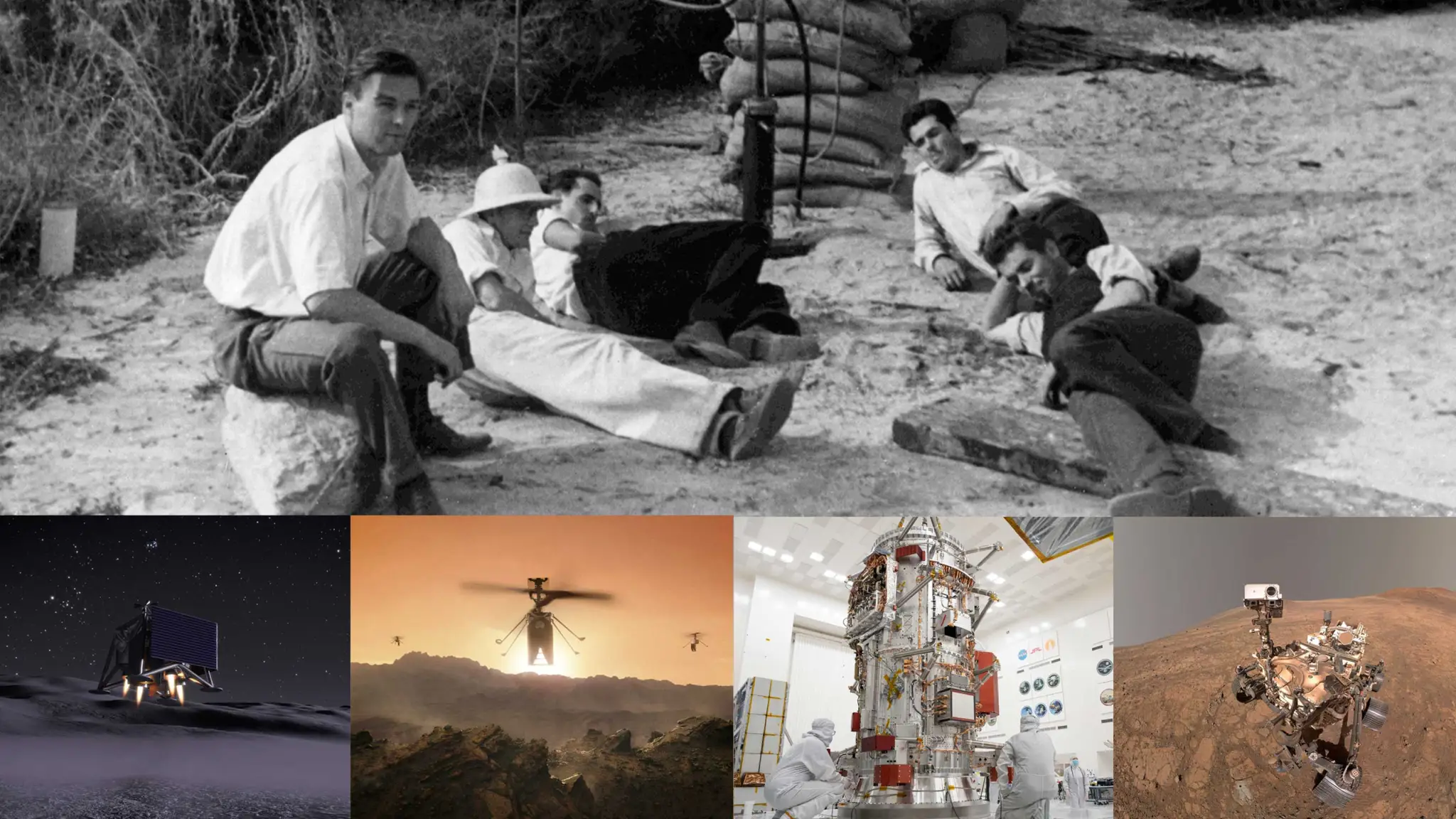 航天图片资料 · A photo collage featuring five men resting outdoors above four panels showing space exploration hardware: a lunar drone, helicopters over Mars, technicians working on a tall spacecraft in a clean room, and a Mars rover.