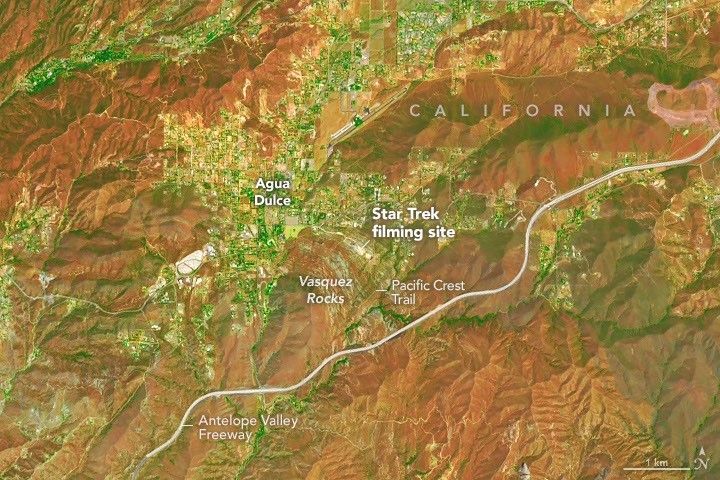 航天图片资料 · A satellite view of Vasquez Rocks. A label shows where the Star Trek filming site is located.