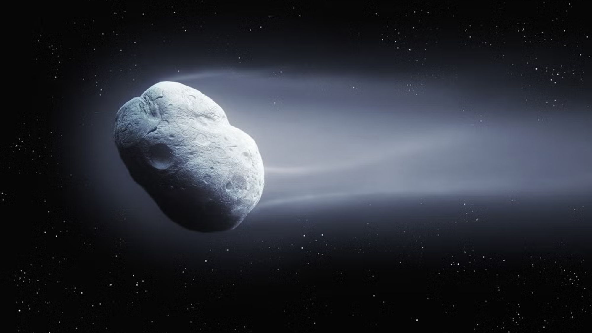 航天图片资料 · An illustration of a grayish white object with a trail of haze coming off it.