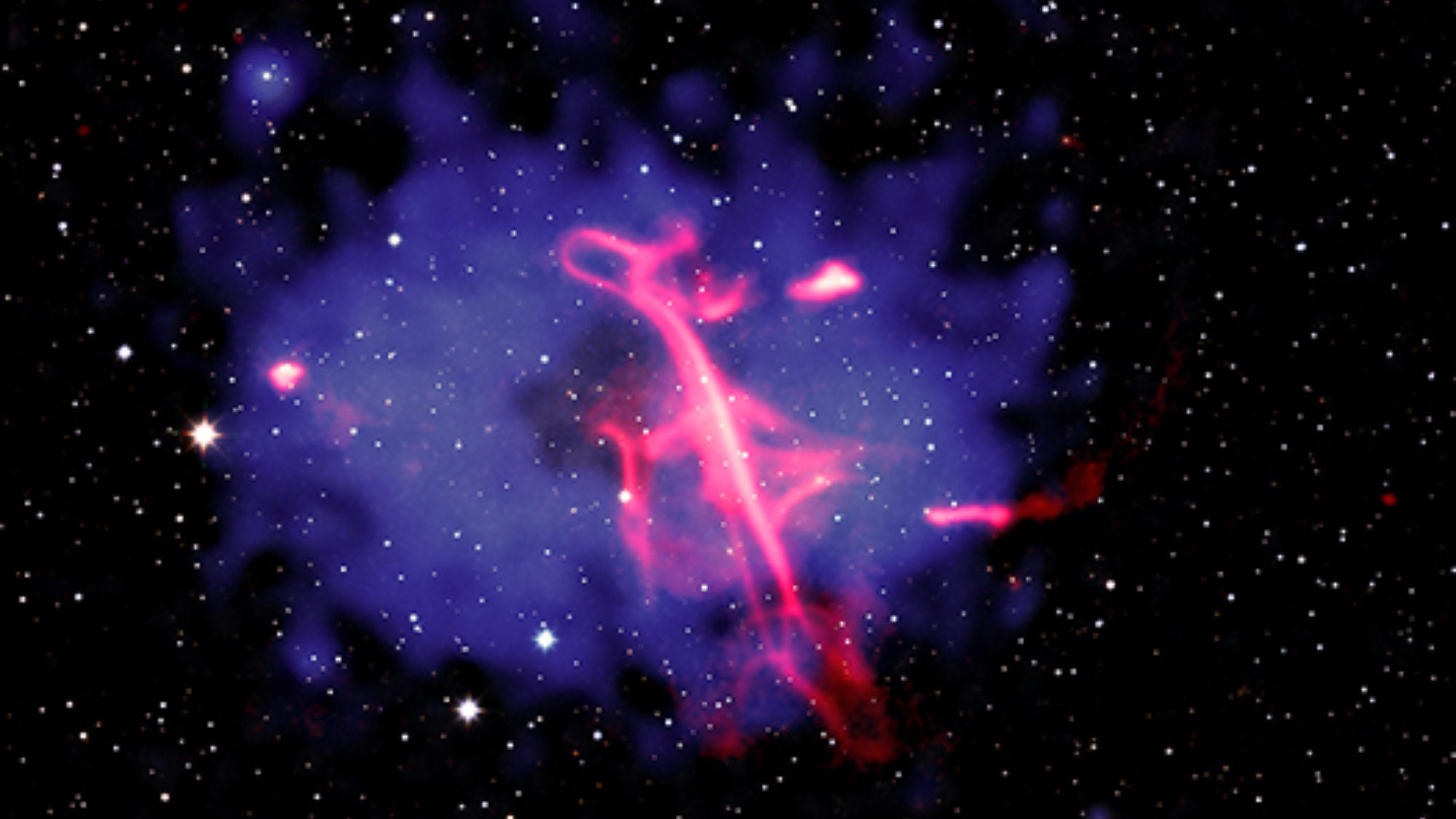 航天图片资料 · A blue gaseous galaxy background with a bright neon pink treble clef shape through the center.