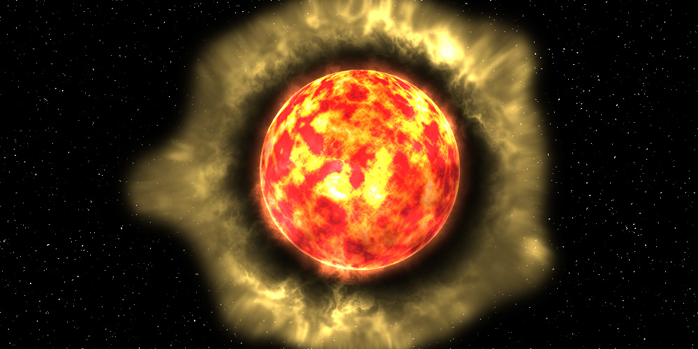 航天图片资料 · A red sphere surrounded by a halo of yellow smoke