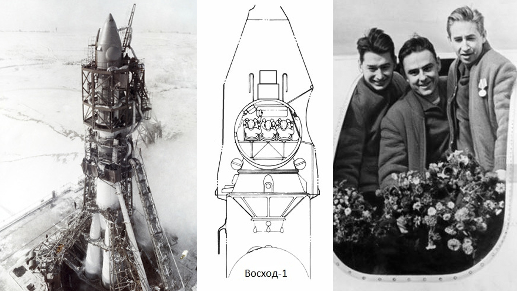 航天图片资料 · The Voskhod-1 crew included Vladimir Komarov (commander), Konstantin Feoktistov (engineer) and Boris Yegorov (doctor), shown at right.