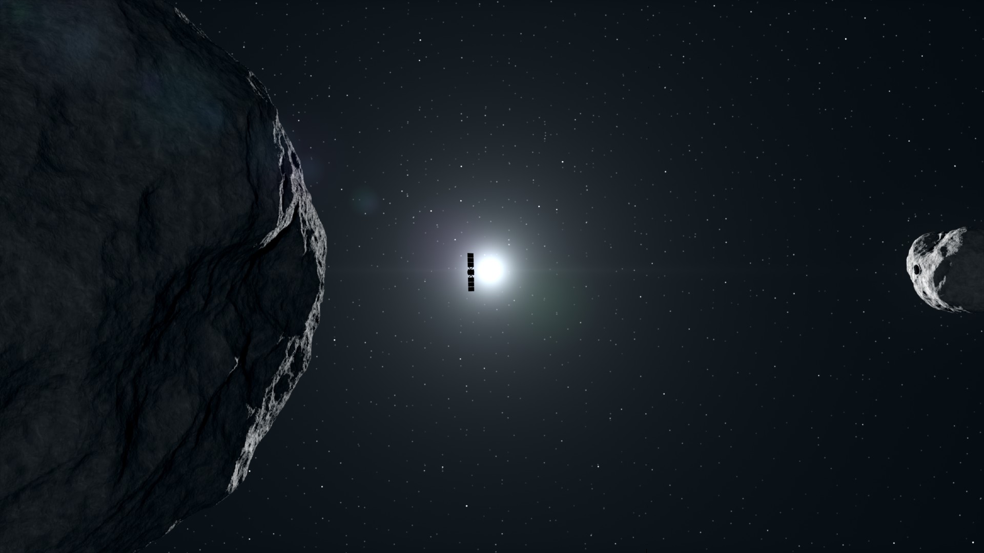 航天图片资料 · a cube-shaped spacecraft wrapped in foil floats past two irregularly shaped rocks covered in craters