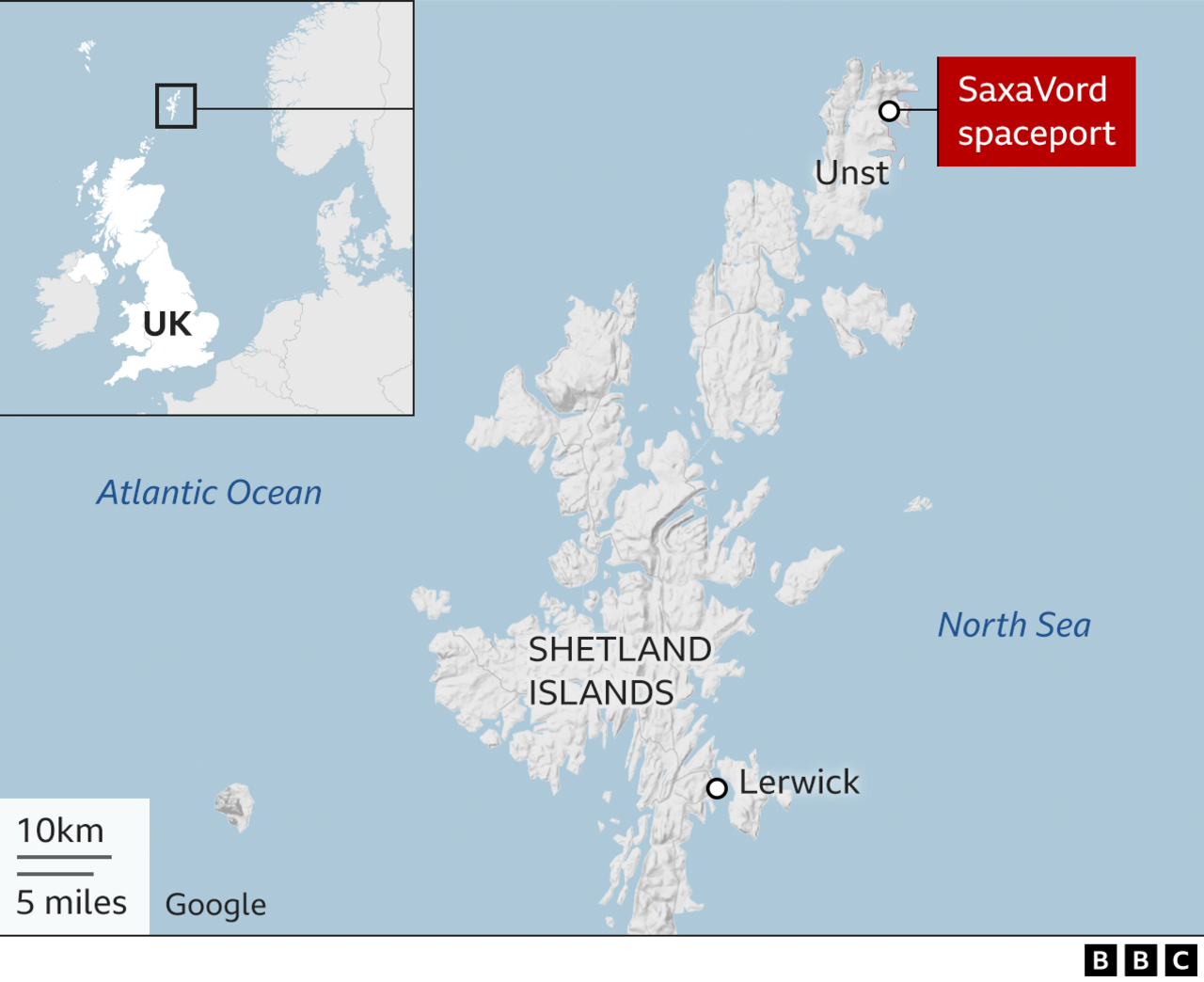 航天图片资料 · Map showing SaxaVord Spaceport in Unst one of the Shetland islands. It's location on a map of the UK is also highlighted
