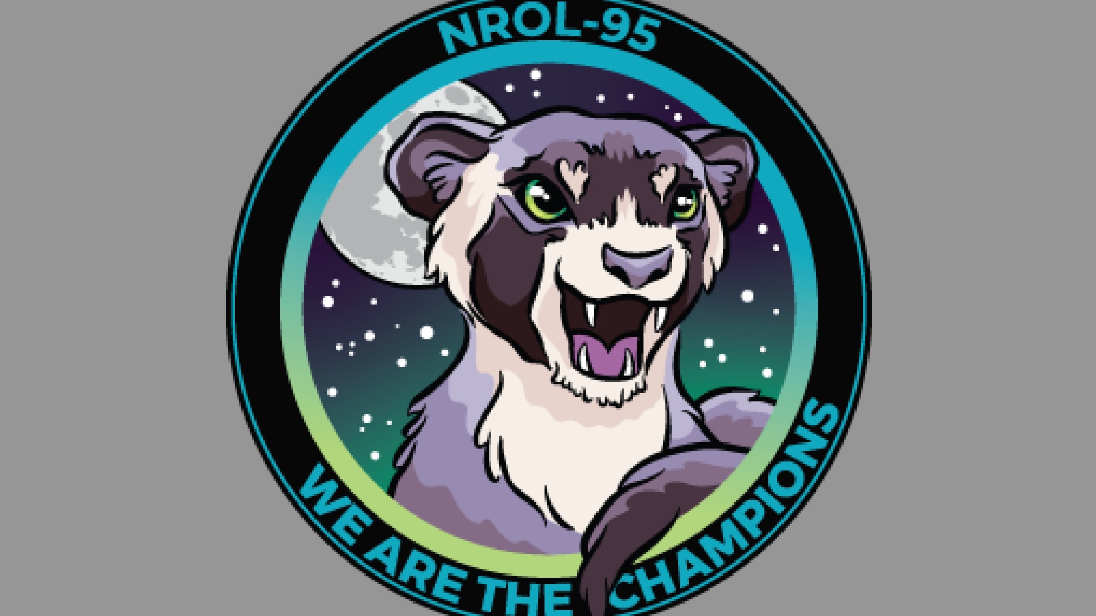 航天图片资料 · circular space mission patch showing a snarling ferret with the words "we are the champions" beneath it