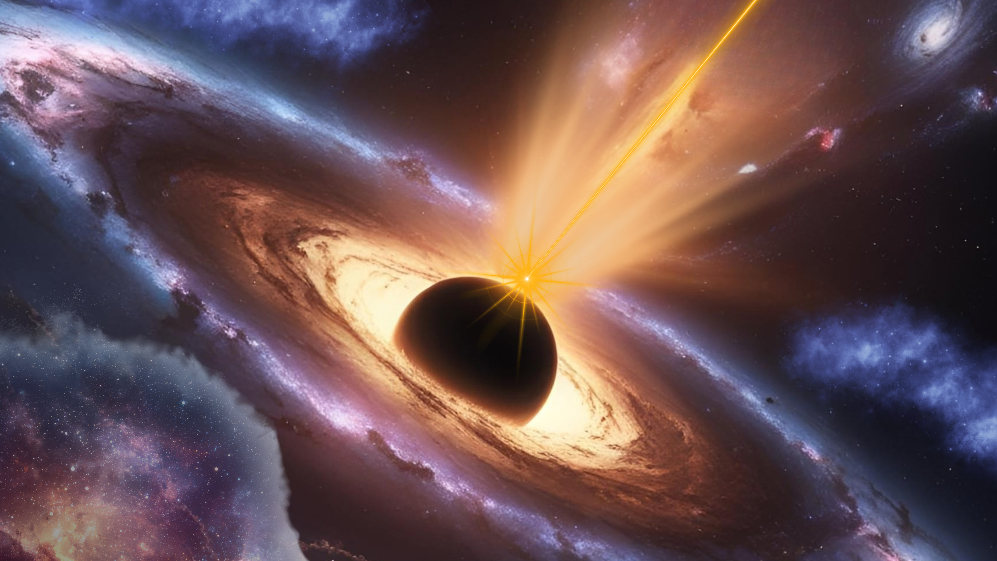 航天图片资料 · A black sphere surrounding by a ring of purple smoke with a orange cone emerging from its center