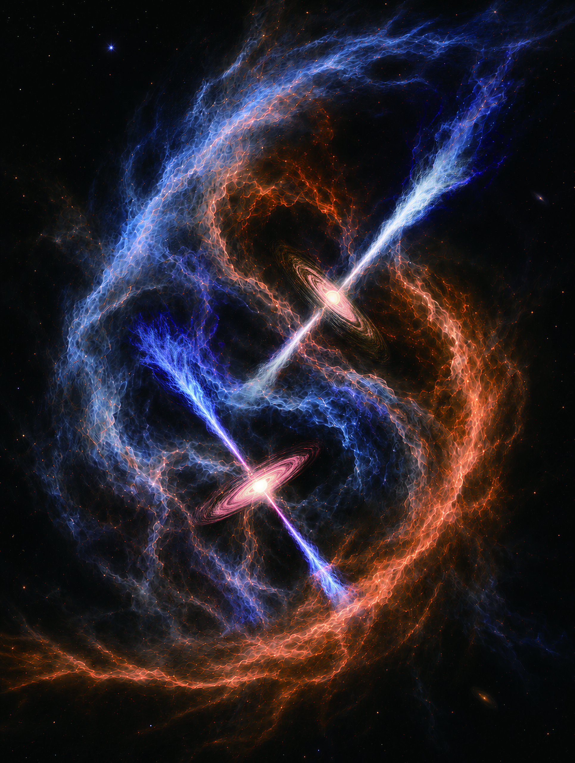 航天图片资料 · two orange disks with blue jets streaming from their centers