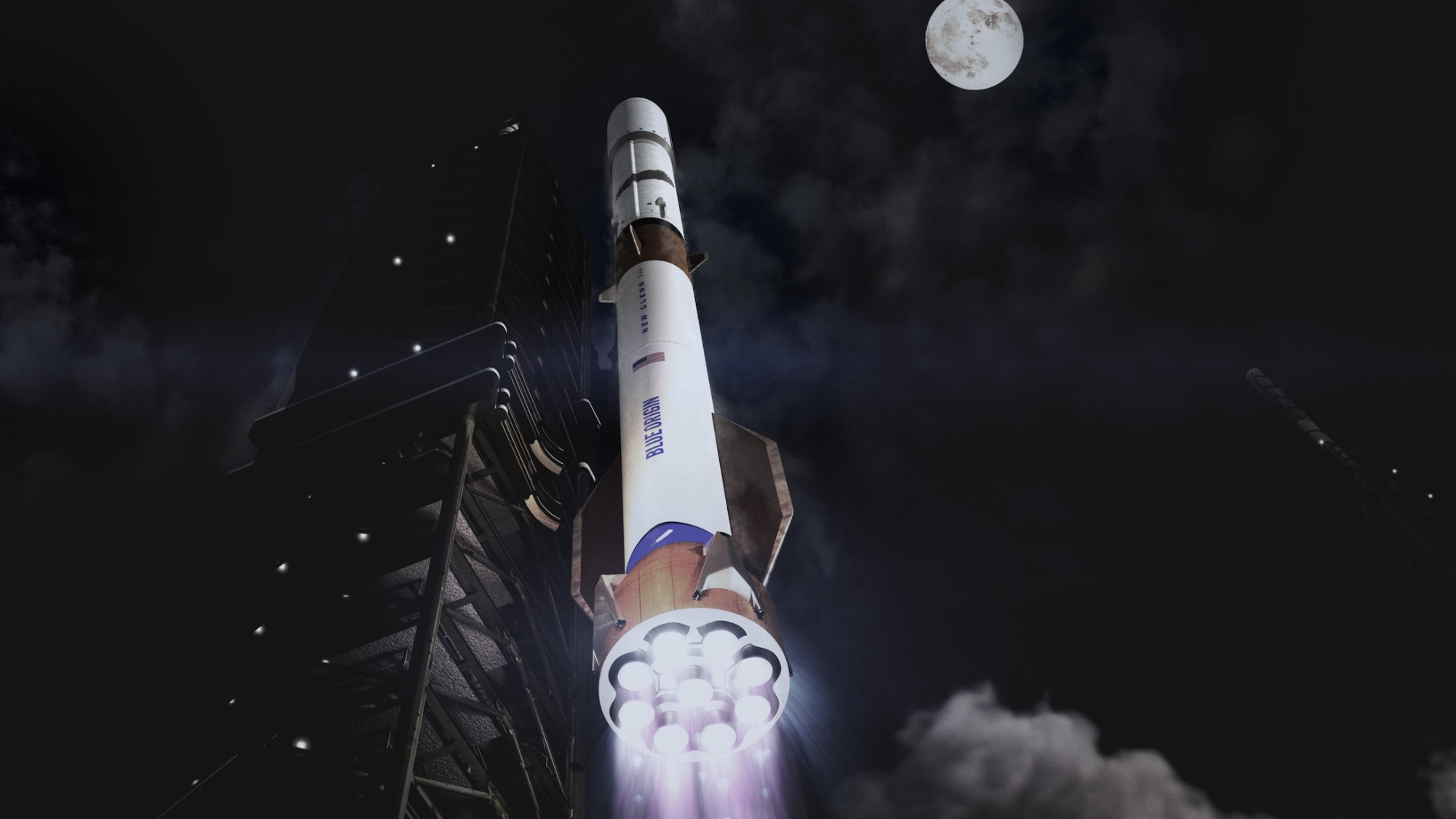 航天图片资料 · illustration of a big white rocket launching into a dark night sky with a full moon