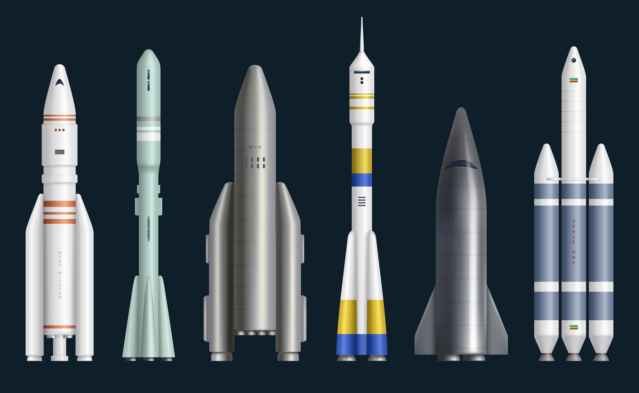 航天图片资料 · Row of rockets of various shapes and sizes.