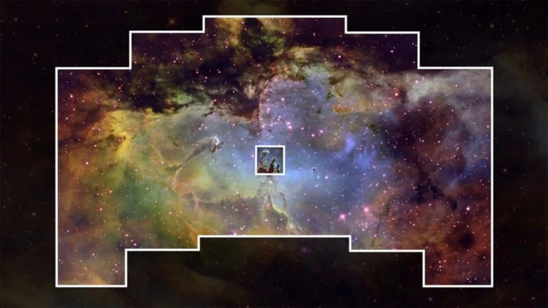 航天图片资料 · A wide-field view of the Eagle Nebula, with a small, bright white square highlighting the iconic Pillars of Creation.