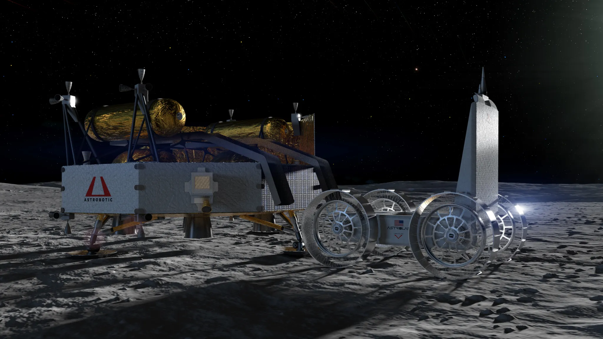 航天图片资料 · Artist's rendering of Astrobotic's Griffin Mission One lunar lander on the Moon's surface, deploying the FLIP rover, against a starry black sky