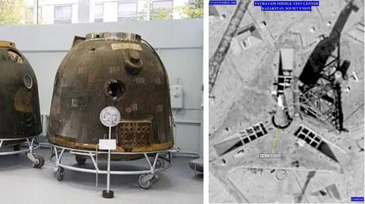 航天图片资料 · The Soviet Zond 5 rentry capsule (left) and a declassified U.S. reconnaissance photo of an N-1 moon rocket on the launch pad in September 1968.
