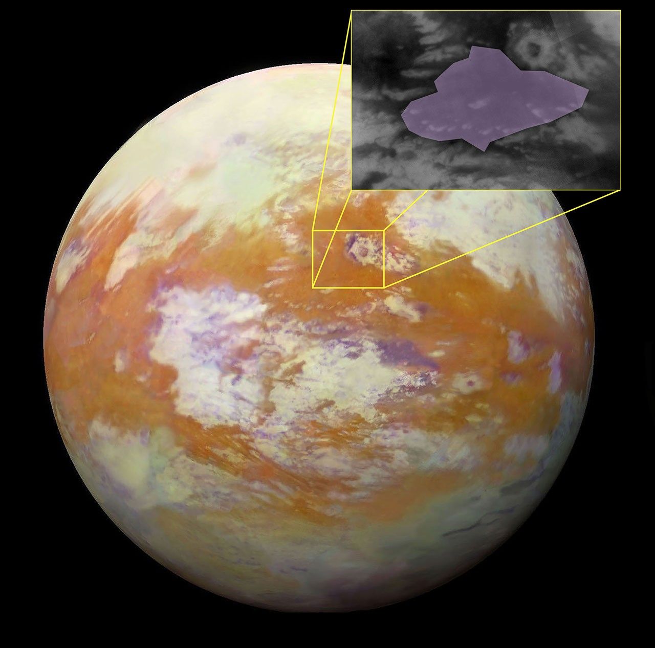 航天图片资料 · A global view of Saturn’s moon Titan combined with a close-up view of an area of its surface.