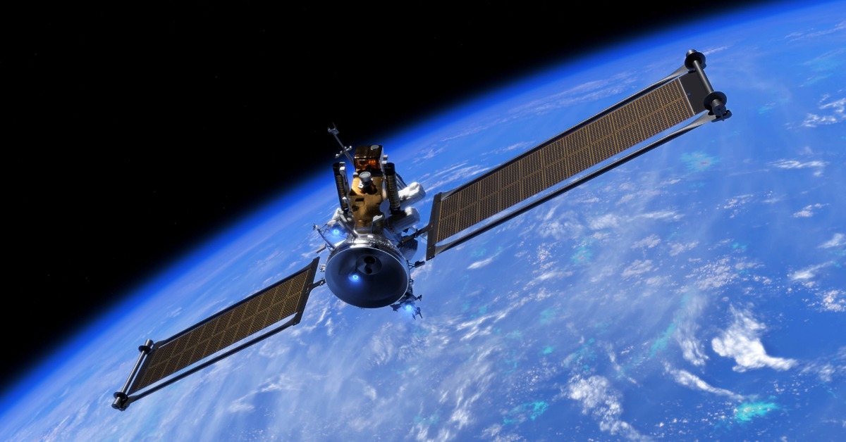 航天图片资料 · a cube-shaped spacecraft with two long wing-like solar panels in orbit above earth