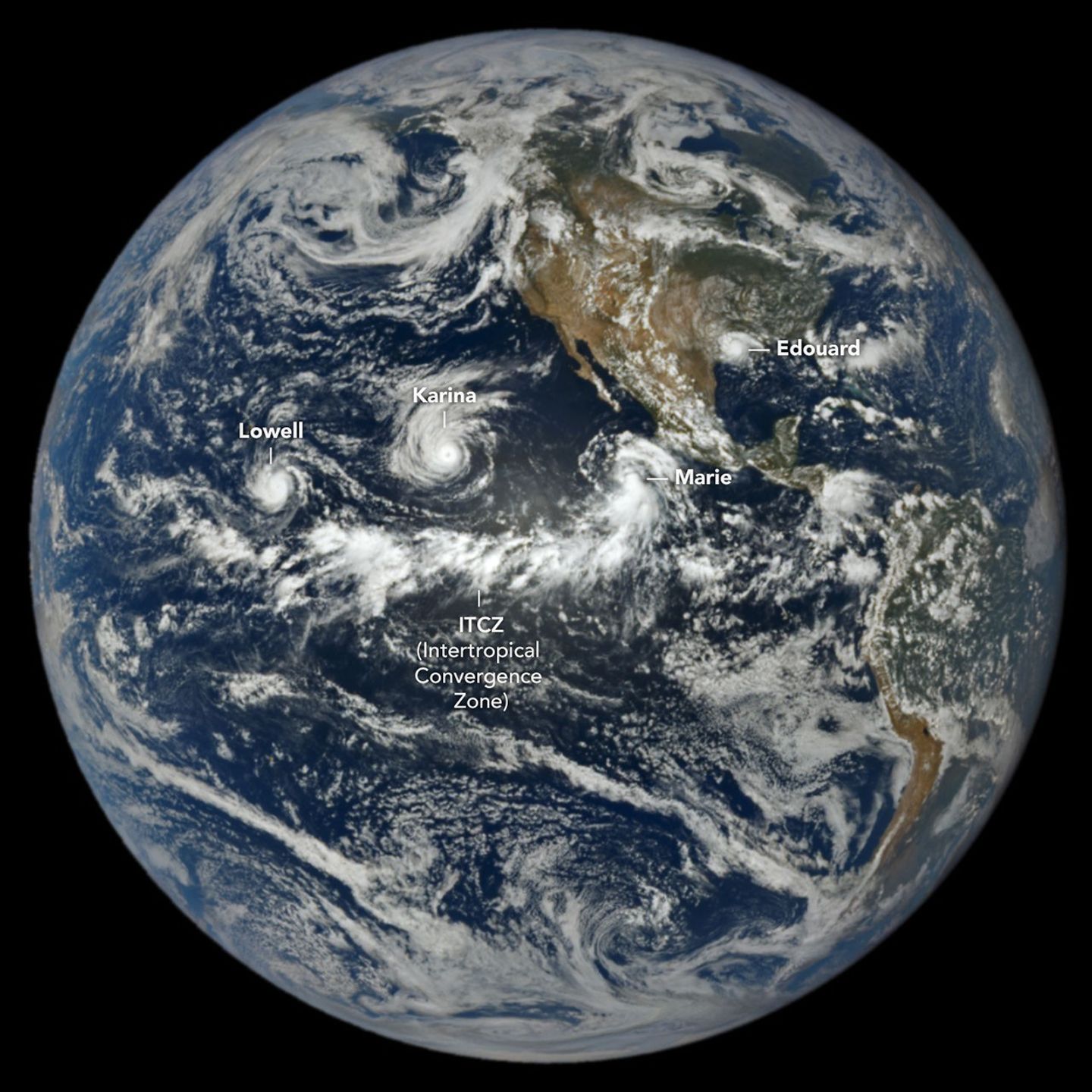 航天图片资料 · In a full-disk satellite view of Earth, three tropical cyclones—named Lowell, Karina, and Marie—swirl above the blue waters of the Pacific Ocean and to the west of Central America.
