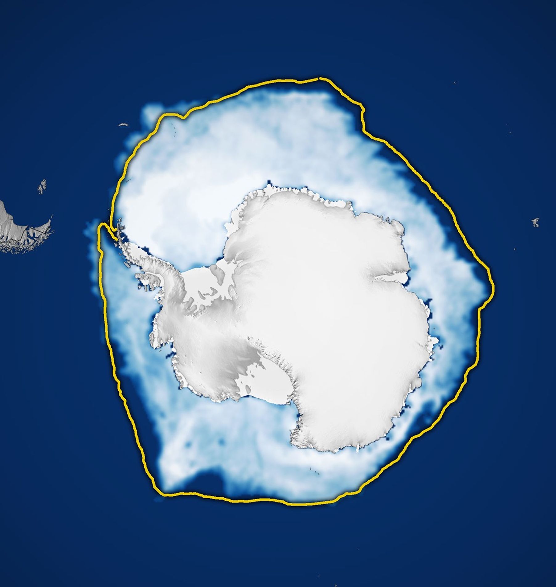 航天图片资料 · A map shows white Antarctic sea ice on September 14, 2026, the day it reached its annual maximum extent. The 1981–2010 median is outlined in yellow.