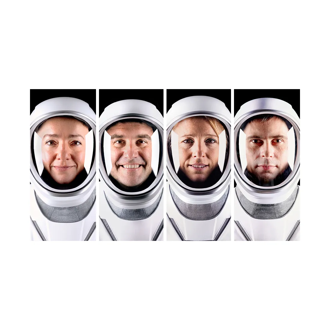 航天图片资料 · NASA's SpaceX Crew-12 members pose for official portraits in their pressure suits at SpaceX headquarters in Hawthorne, California. From left, NASA astronauts Jessica Meir and Jack Hathaway, ESA (European Space Agency) astronaut Sophie Adenot, and Roscosmos cosmonaut Andrey Fedyaev.