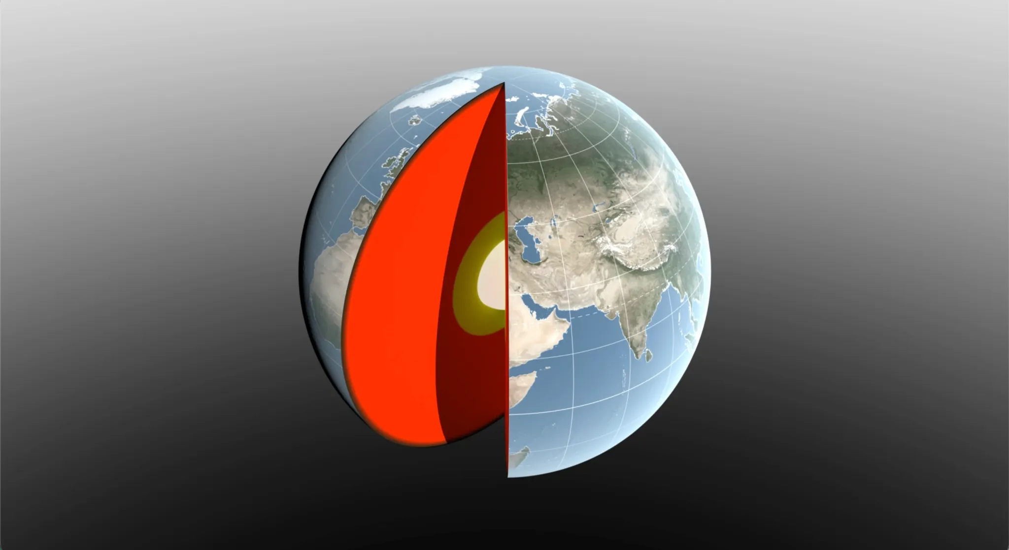 航天图片资料 · A 3D digital illustration of Earth with a slice cut away to reveal its internal layers. The exterior shows a realistic view of the globe, focusing on Europe, Asia, and Africa with visible geographic features and grid lines.