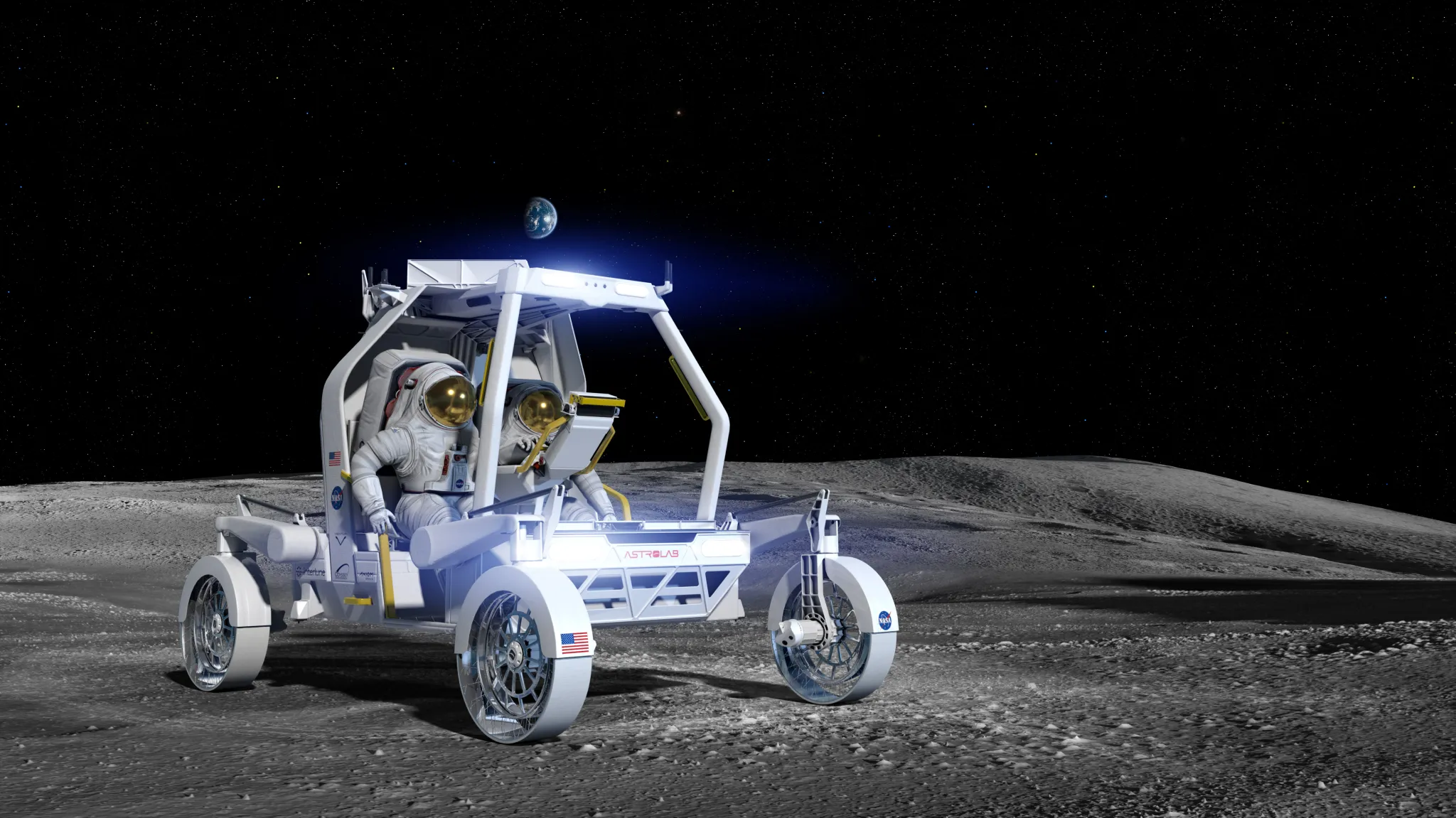 航天图片资料 · An artist's concept of two astronauts in white spacesuits sitting inside a white unpressurized lunar terrain vehicle developed by Astrolab. A large display is centered between them and the headlights of the rover are on.