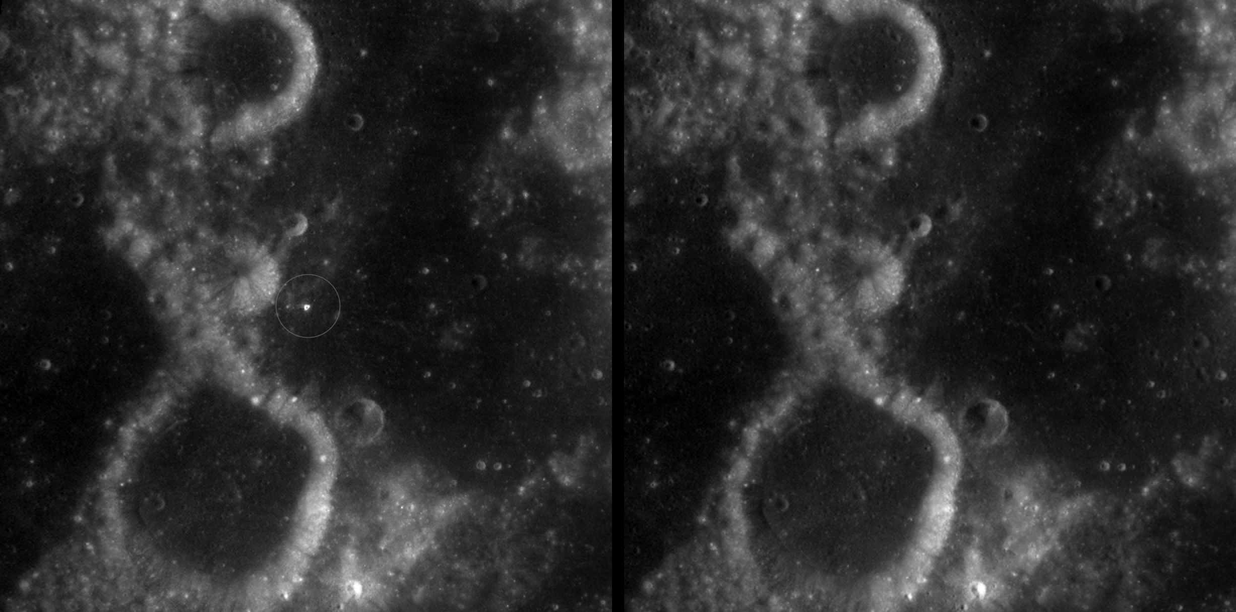 航天图片资料 · Two nearly identical black-and-white images appear side by side, separated by a vertical black line. Each shows a dark, uneven surface with scattered small circular depressions and several larger round formations with bright, raised rims. In the left image, a thin white circle marks a small, white spot near the center; there is no circled, white spot in the the corresponding area in the right image.