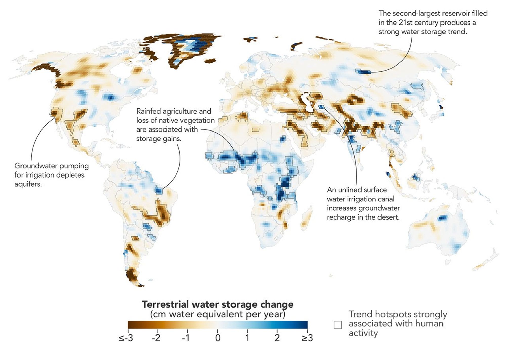 航天图片资料 · A global map depicts trends of terrestrial water storage over more than two decades, with increases shown in shades of blue and declines in orange and brown.