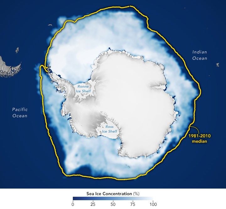 航天图片资料 · A map shows white Antarctic sea ice on September 14, 2026, the day it reached its annual maximum extent. The 1981–2010 median is outlined in yellow.