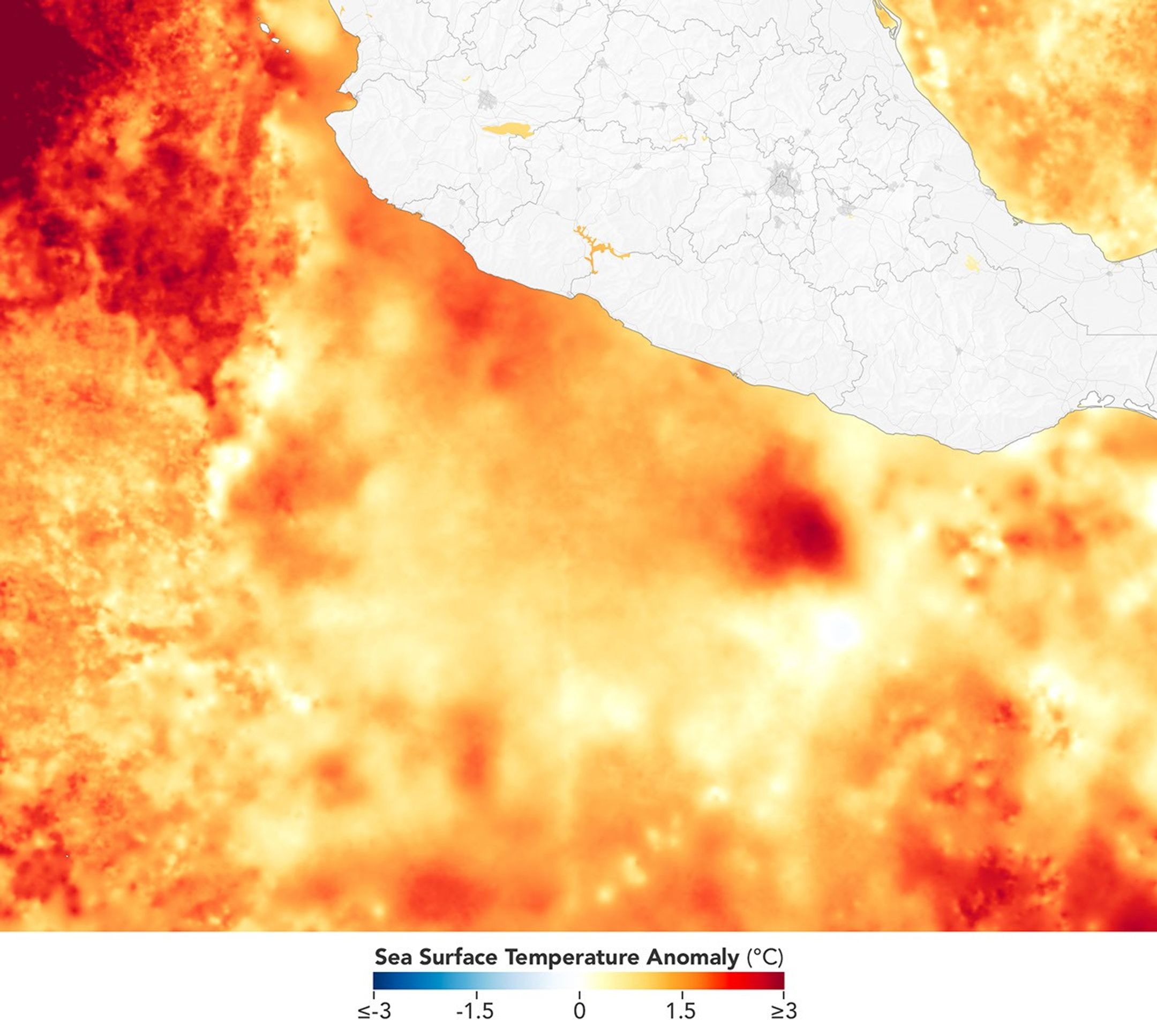 航天图片资料 · A map depicts sea surface temperature anomalies off Mexico's Pacific coast on September 23. Deep red areas highlight areas 3°C above the norm for that date. A dotted line traces the storm's path from September 20 to September 23 as it moved through the unusually warm waters.