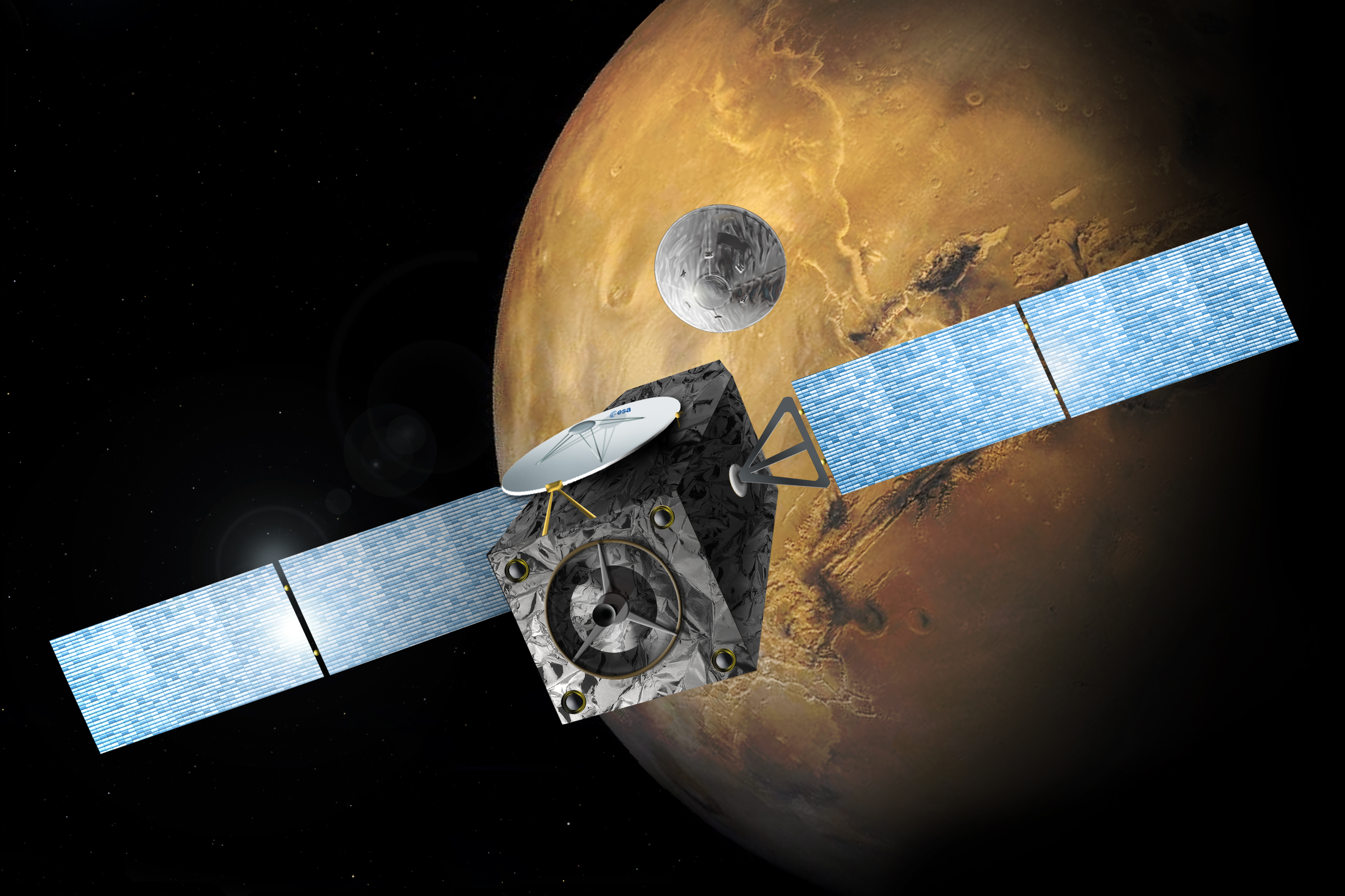 航天图片资料 · Artist's illustration of Europe's ExoMarsTrace Gas Orbiter releasing the Schiaparelli landing demonstrator near Mars.