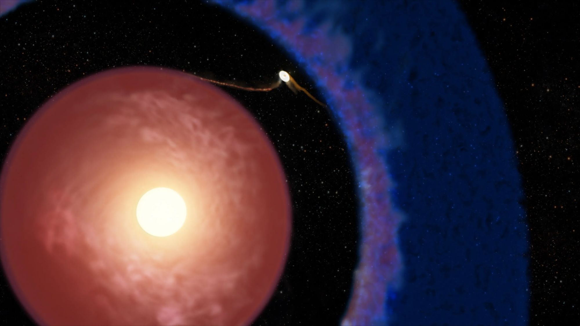 航天图片资料 · An illustration of a star surrounded by a debris disk. Between the disk and an outer part of the disk, there is a small circle.