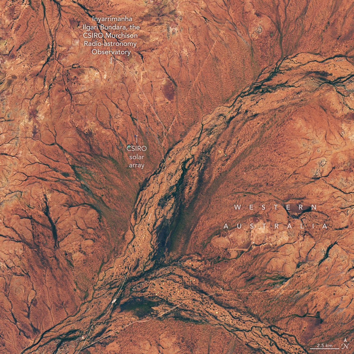 航天图片资料 · Land in the Western Australian outback appears mostly rusty orange but contains areas of green, especially in riverbeds.