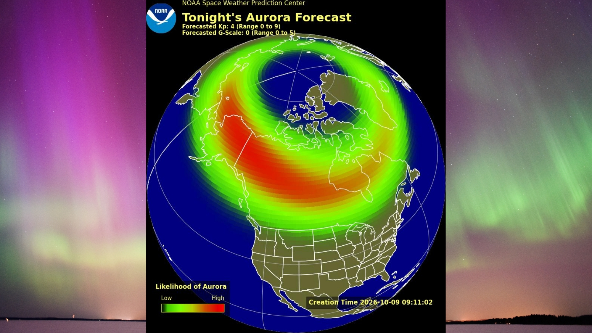 航天图片资料 · map showing the possible visibility of the northern lights over the US. in the background are vivid green and magenta auroras.