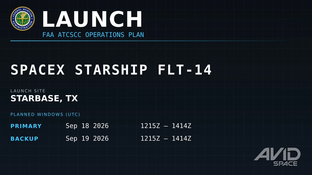 航天图片资料 · Launch advisory for SpaceX Starship FLT-14 showing September 18 window