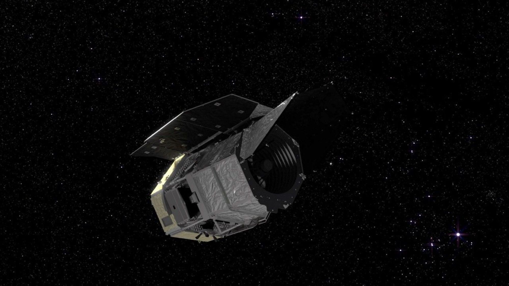 航天图片资料 · A visualization of a silvery spacecraft in a starry section of space.
