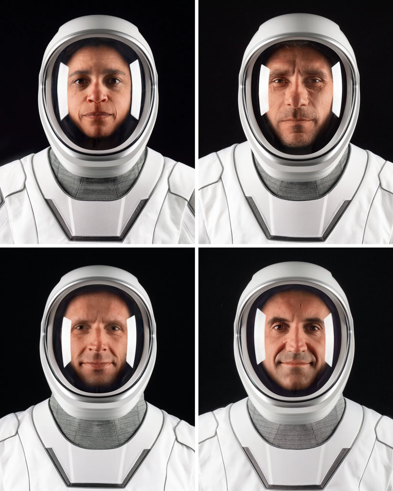航天图片资料 · Four astronauts in white space suits in front of a black background in a two-by-two photo collage.