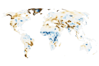 航天图片资料 · A global map depicts trends of terrestrial water storage over more than two decades, with increases shown in shades of blue and declines in orange and brown.